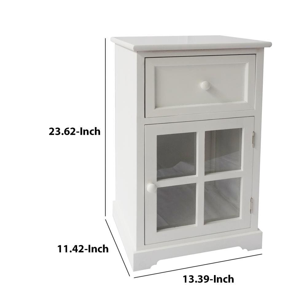 23.62 Inches Single Drawer Wooden Storage Cabinet with Glass Door and Round Knobs White By The Urban Port UPT-230666