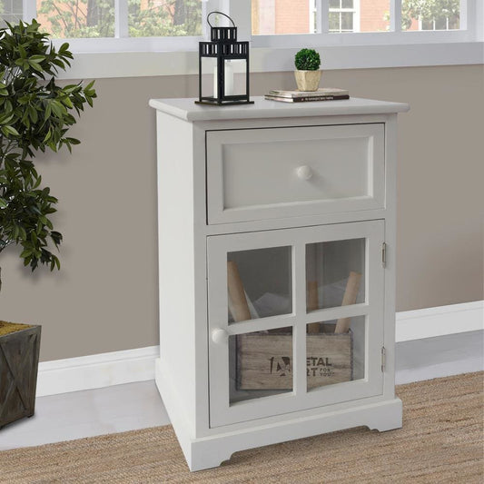 24 Inch Paulownia Wood Accent Cabinet End Table, 1 Drawer, 1 Glass Door, White By The Urban Port