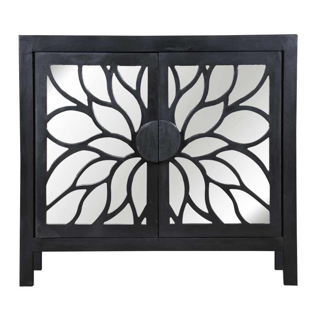32 Rustic Accent Storage Cabinet with Flower Design Mirrored Front Black By The Urban Port UPT-230846