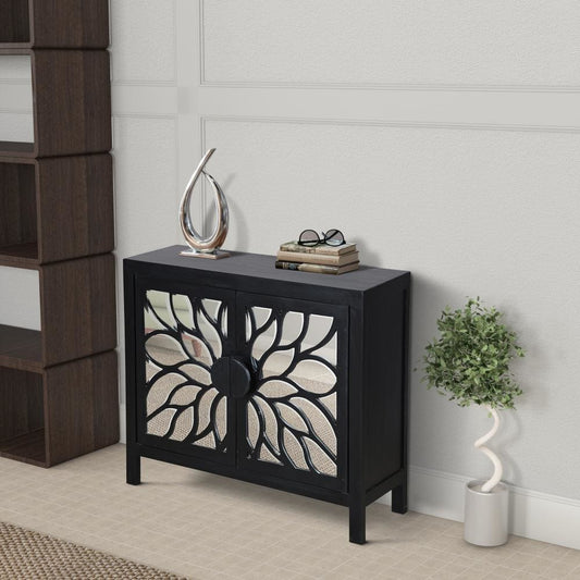32" Rustic Accent Storage Cabinet with Flower Design Mirrored Front, Black By The Urban Port