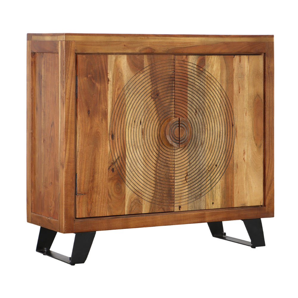 32 2-Door Wooden Accent Storage Cabinet with Engraved Circular Design Brown By The Urban Port UPT-230847