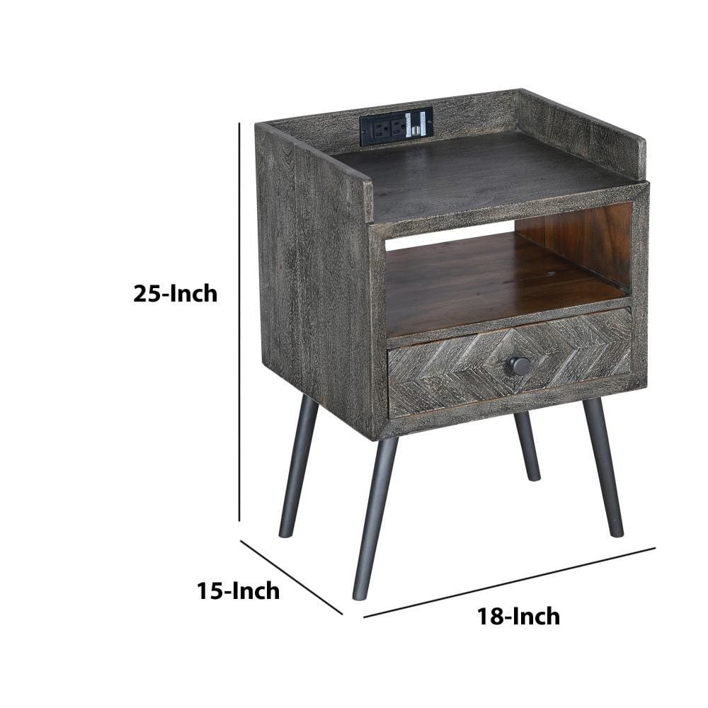 25 Raised Top Wooden End Side Table Nightstand with Drawer and Power Outlet Gray By The Urban Port UPT-230851