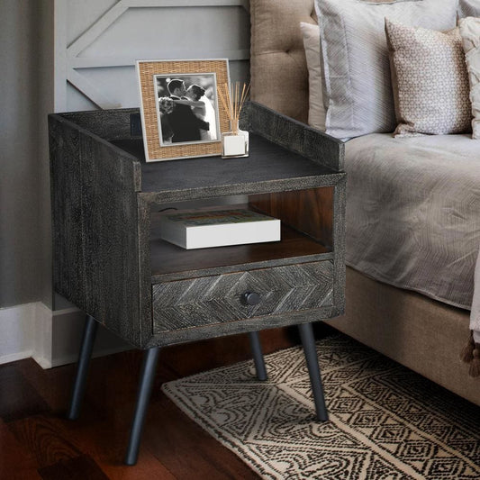 25" Raised Top Wooden End Side Table Nightstand with Drawer and Power Outlet, Gray By The Urban Port
