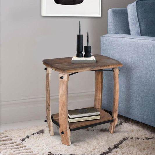 24" Retro Rectangular Wooden End Side Accent Table with Bottom Shelf, Natural Brown By The Urban Port