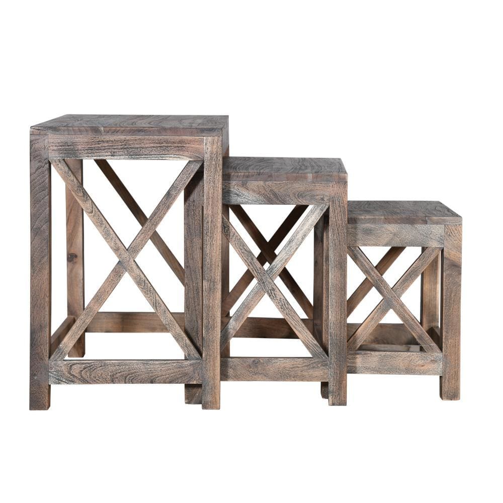 Rustic Rectangular Farmhouse Mango Wood Nesting Table with X Side Panels Set of 3 Brown By The Urban Port UPT-230857
