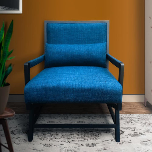 Fabric Padded Wooden Frame Accent Sofa Chair with Armrest, Black and Blue By The Urban Port