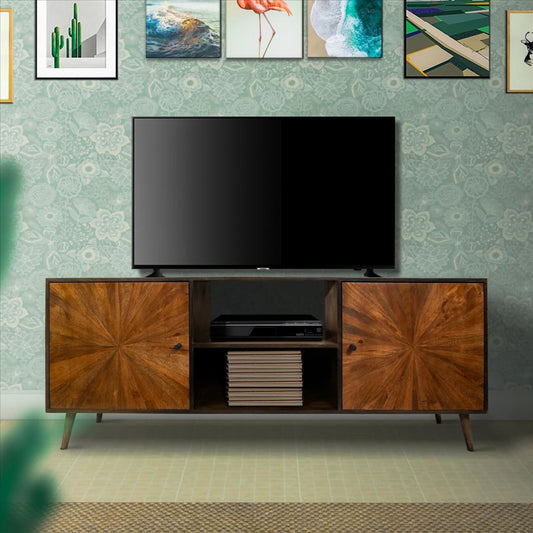 Jag 65 Inch Mango Wood TV Media Entertainment Center, 2 Doors, Brown By The Urban Port