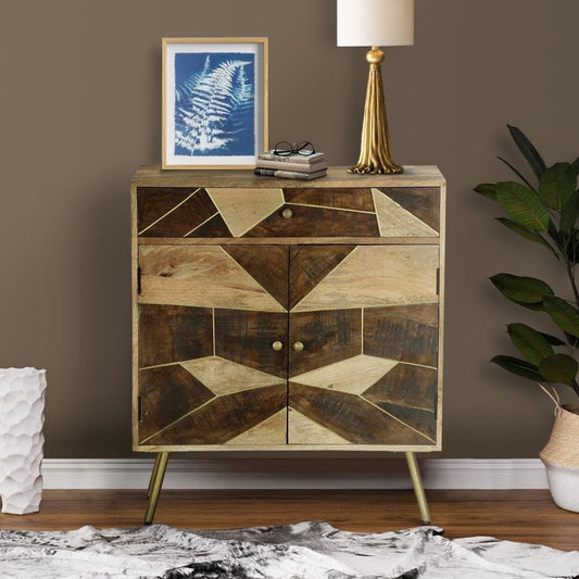 Brita 36 Inch Mango Wood Nightstand Side Table Cabinet, 2 Doors, Geometric Inlaid Design, Brown, Gold By The Urban Port