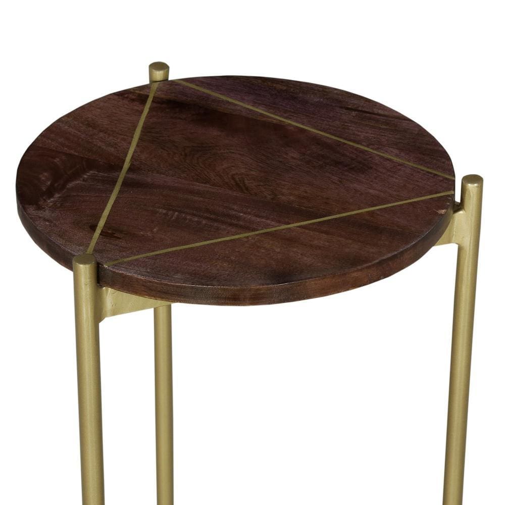 Corner Table with Round Wooden Top and Triangular Metal Base Brown and Brass By The Urban Port UPT-231747