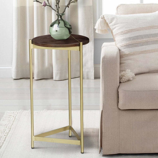 Brita 12 Inch Cocktail Accent Table, Round Wood Top, Triangular Gold Base, Brown, Brass By The Urban Port