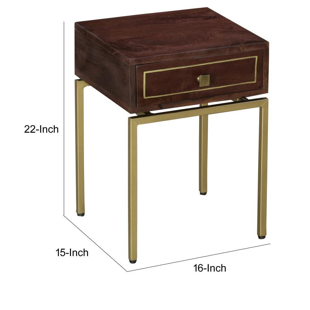Bedside Table with 1 Drawer and Tubular Metal Legs Brown and Brass By The Urban Port UPT-231748