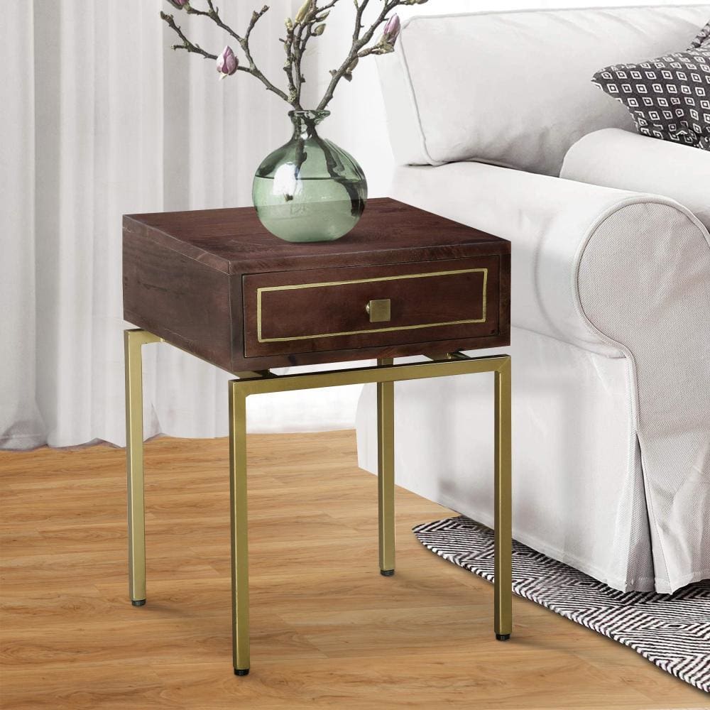 Ellis 16 Inch Side Table with 1 Drawer and Brass Metal Legs, Brown, Matte Gold By The Urban Port
