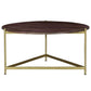Round Wooden Coffee Table with Triangular Metal Base Brown and Brass By The Urban Port UPT-231750