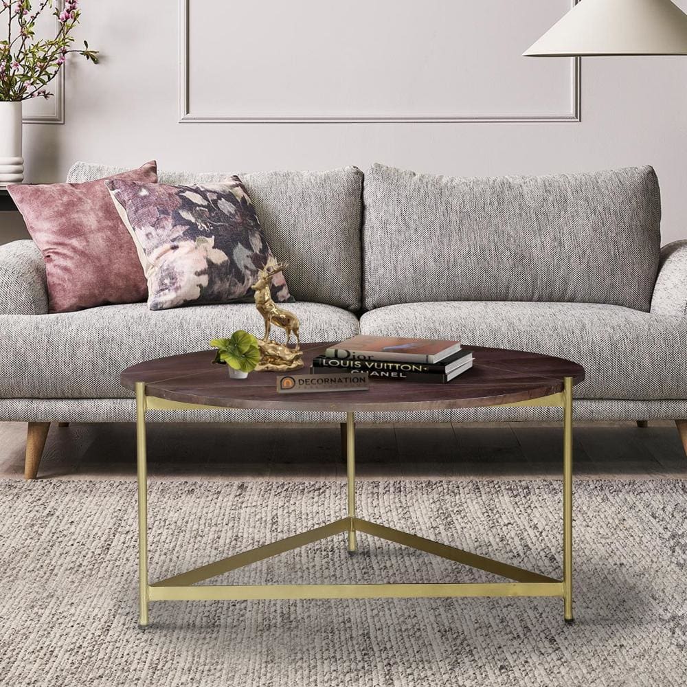 Ellis 32 Inch Round Wood Coffee Table with Brass Metal Base, Brown, Matte Gold By The Urban Port