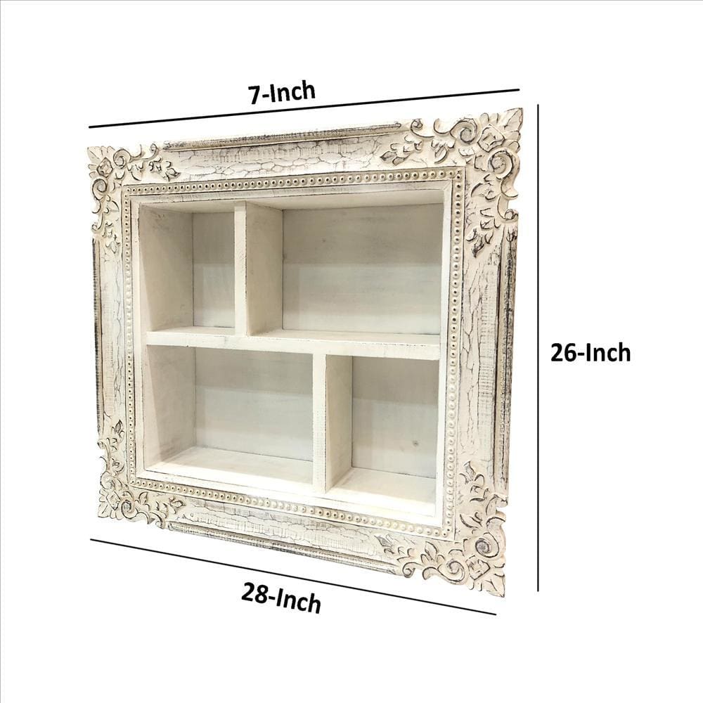 Floral Carved Rectangular Storage Mango Wood Display Wall Shelf Distressed White By The Urban Port UPT-231751