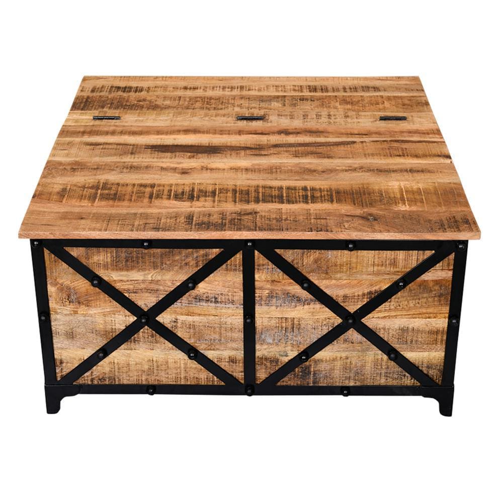 36 Inch Rustic Mango Wood Trunk Storage Coffee Table with Hinged Top Brown and Black By The Urban Port UPT-232505