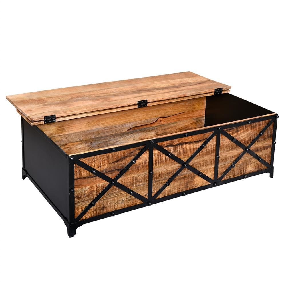 54 Inch Metal Cross Front Mango Wood Trunk Storage Coffee Table with Hinged Top,Brown and Blac By The Urban Port UPT-232507