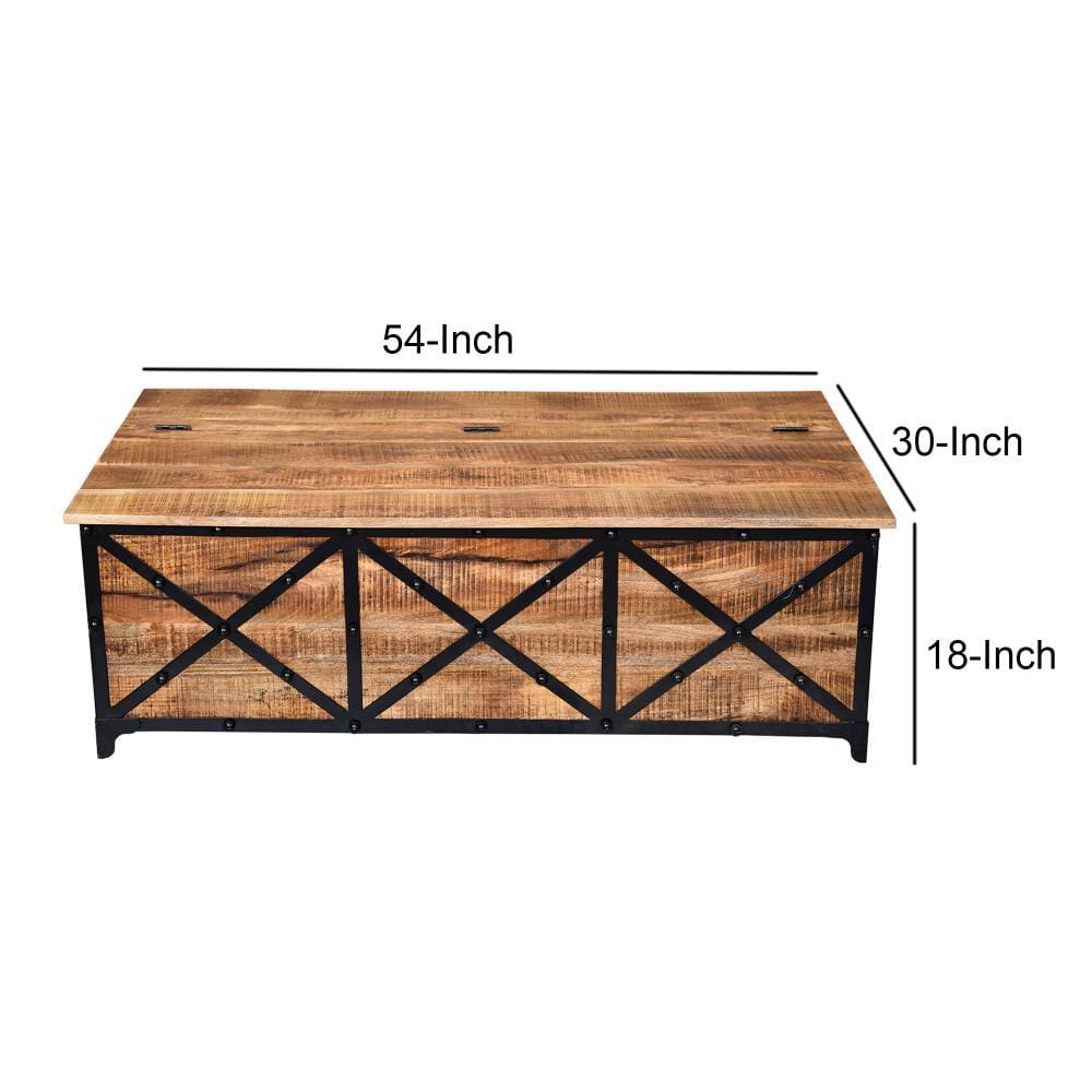 54 Inch Metal Cross Front Mango Wood Trunk Storage Coffee Table with Hinged Top,Brown and Blac By The Urban Port UPT-232507