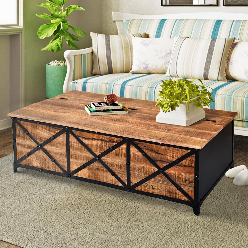 Daz 54 Inch Rectangular Mango Wood Coffee Table with Built In Storage Trunk, Metal, Rivet Accents, Brown, Black By The Urban Port
