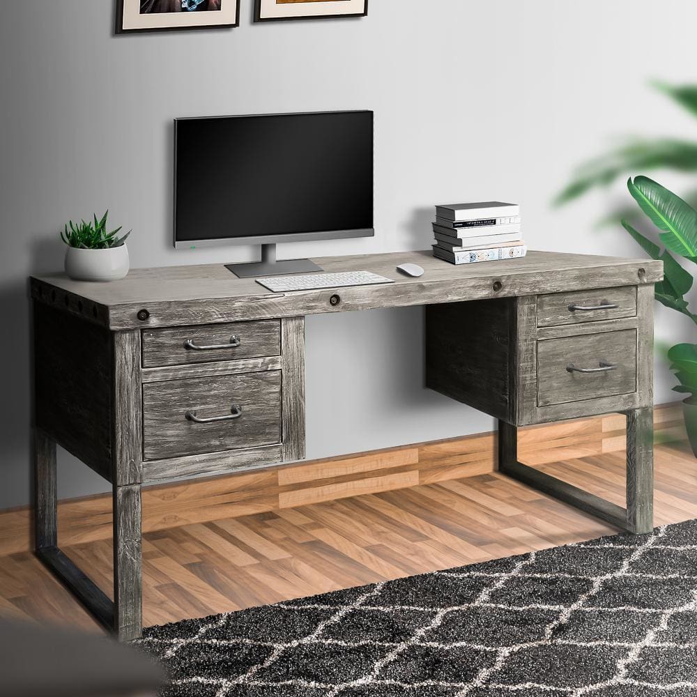 61" 4-Drawer Wooden Home Office Desk with Sled Leg Support, Distressed Brown By The Urban Port