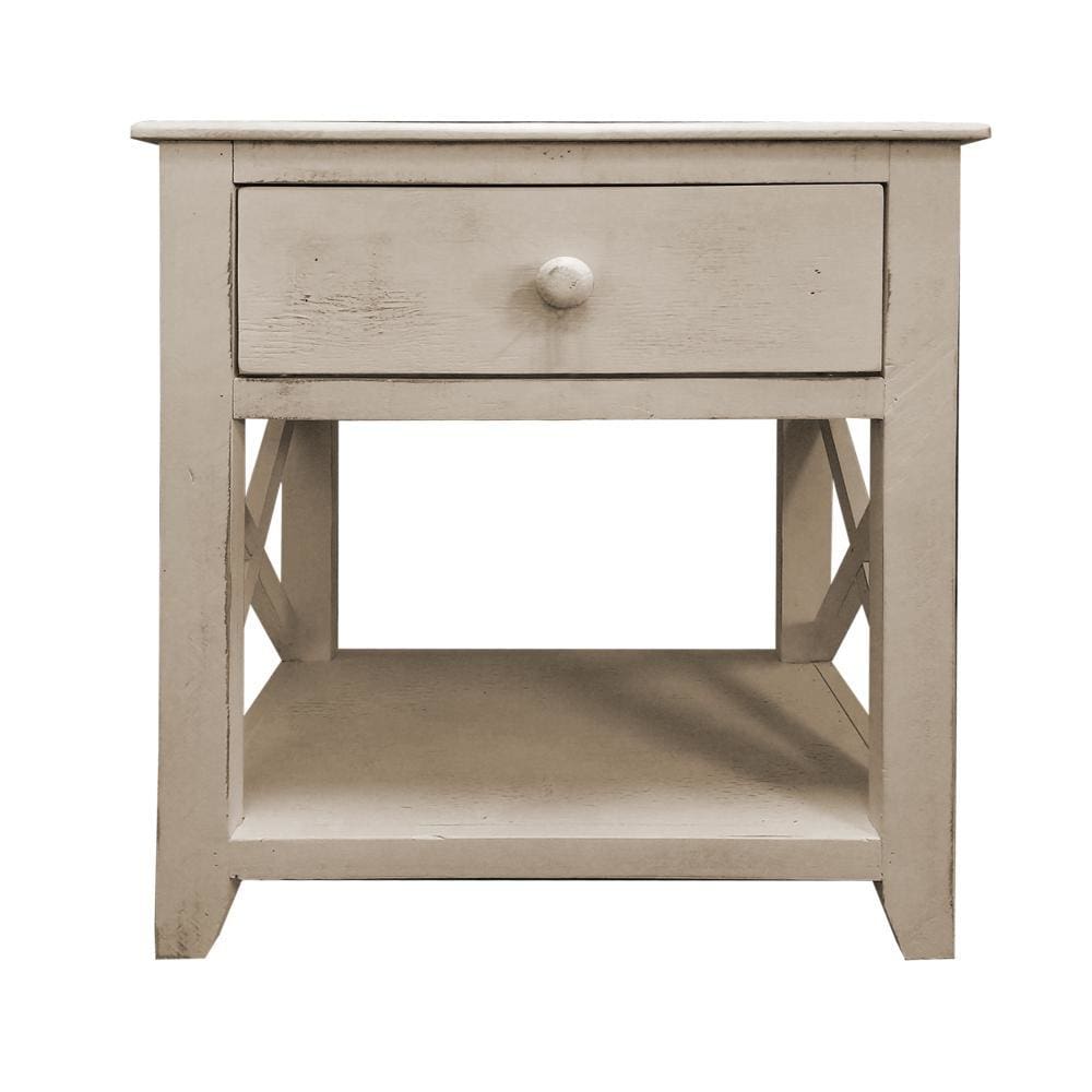 24 Inch Wooden 1 Drawer Side End Table with Cross Sides and Open Bottom Shelf White By The Urban Port UPT-233118