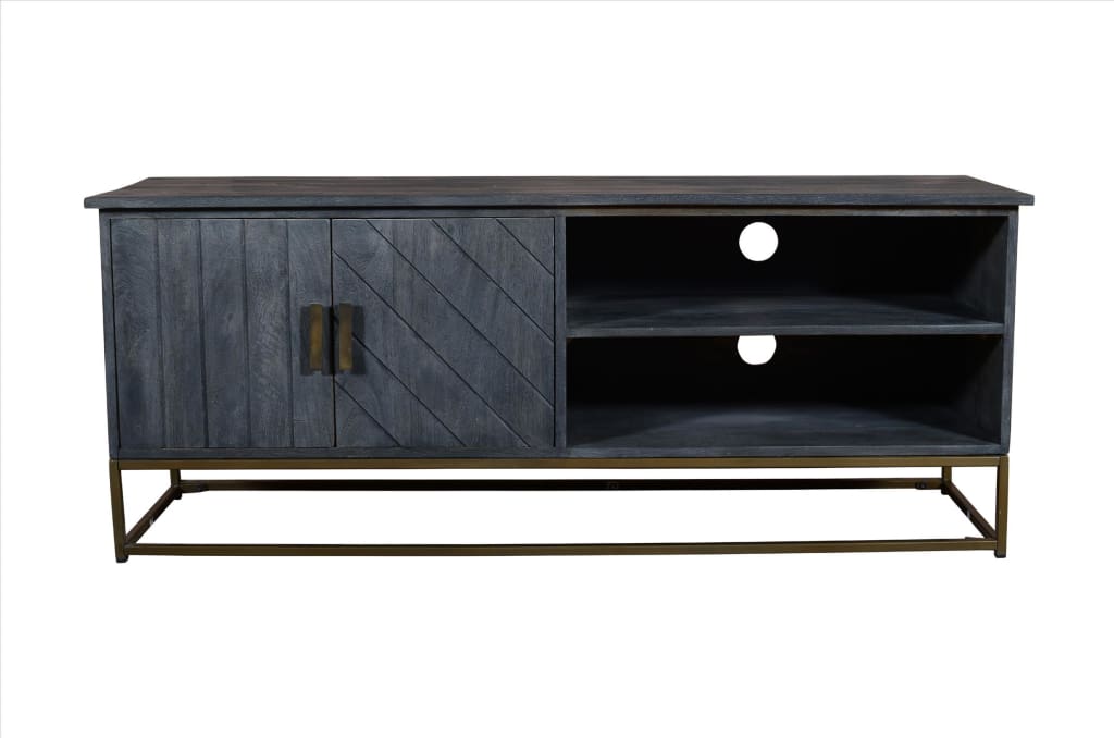 53 Inches Plank Design 2 Door Mango Wood Tv Media Cabinet With Metal Base Gray By The Urban Port UPT-237994