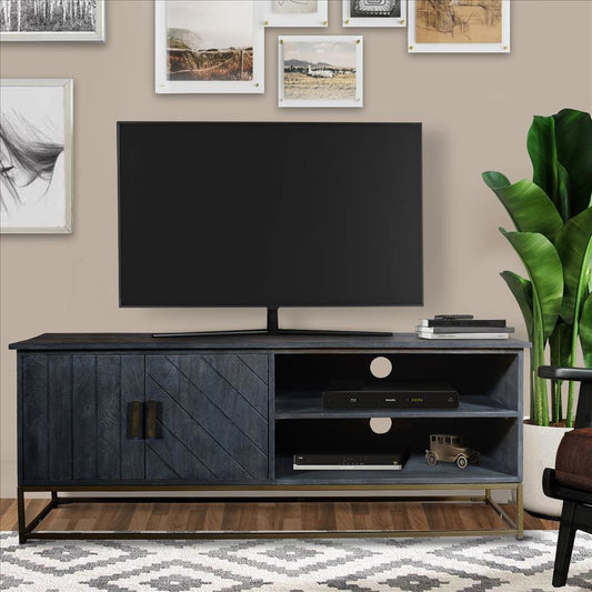 Roy 53 Inch Plank Design 2 Door Mango Wood TV Media Entertainment Cabinet Console, Metal Base, Gray By The Urban Port