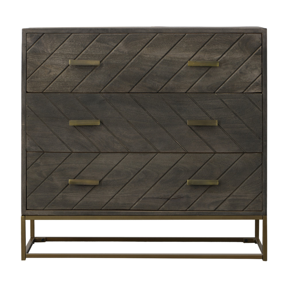 Roy 32 Inch 3 Drawer Mango Wood Dresser Chest, Rustic Bronze Metal Frame, Gray By The Urban Port
