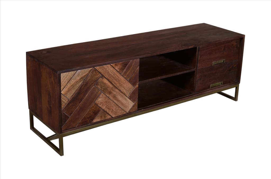 63 Inches 2 Drawer Mango Wood Tv Media Cabinet With Herringbone Inlaid Door Storage, Brown By The Urban Port