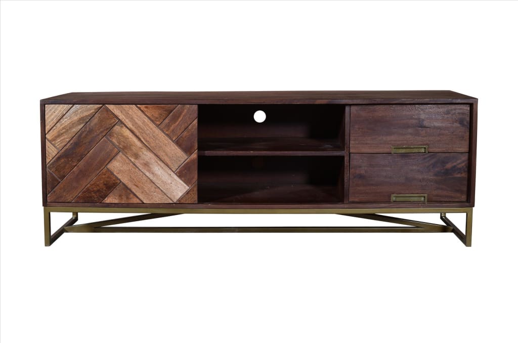 63 Inches 2 Drawer Mango Wood Tv Media Cabinet With Herringbone Inlaid Door Storage Brown By The Urban Port UPT-238002