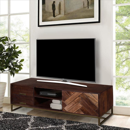 Alice 63 Inch 2 Drawer Mango Wood TV Media Entertainment Cabinet Console, Herringbone Inlaid Door, Brown By The Urban Port