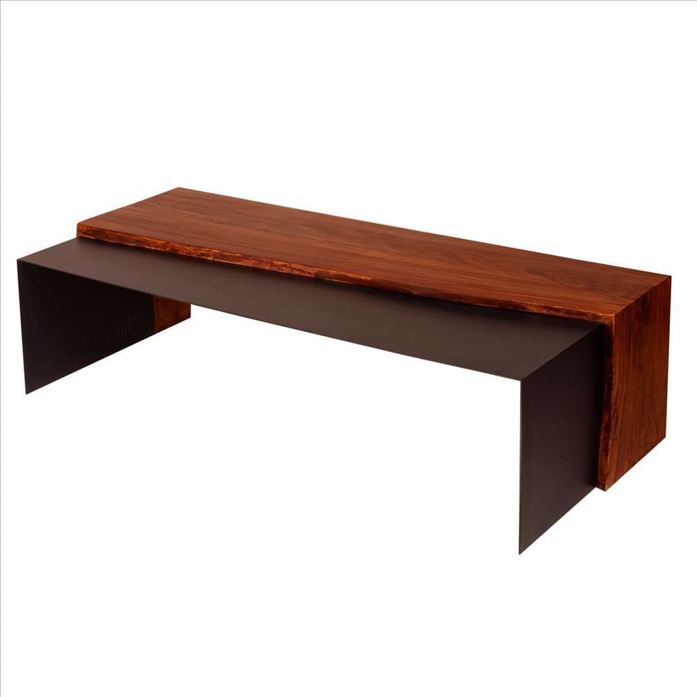 Rectangular Wood and Metal Panel Top Industrial Coffee Table with Grains, Brown and Black By The Urban Port