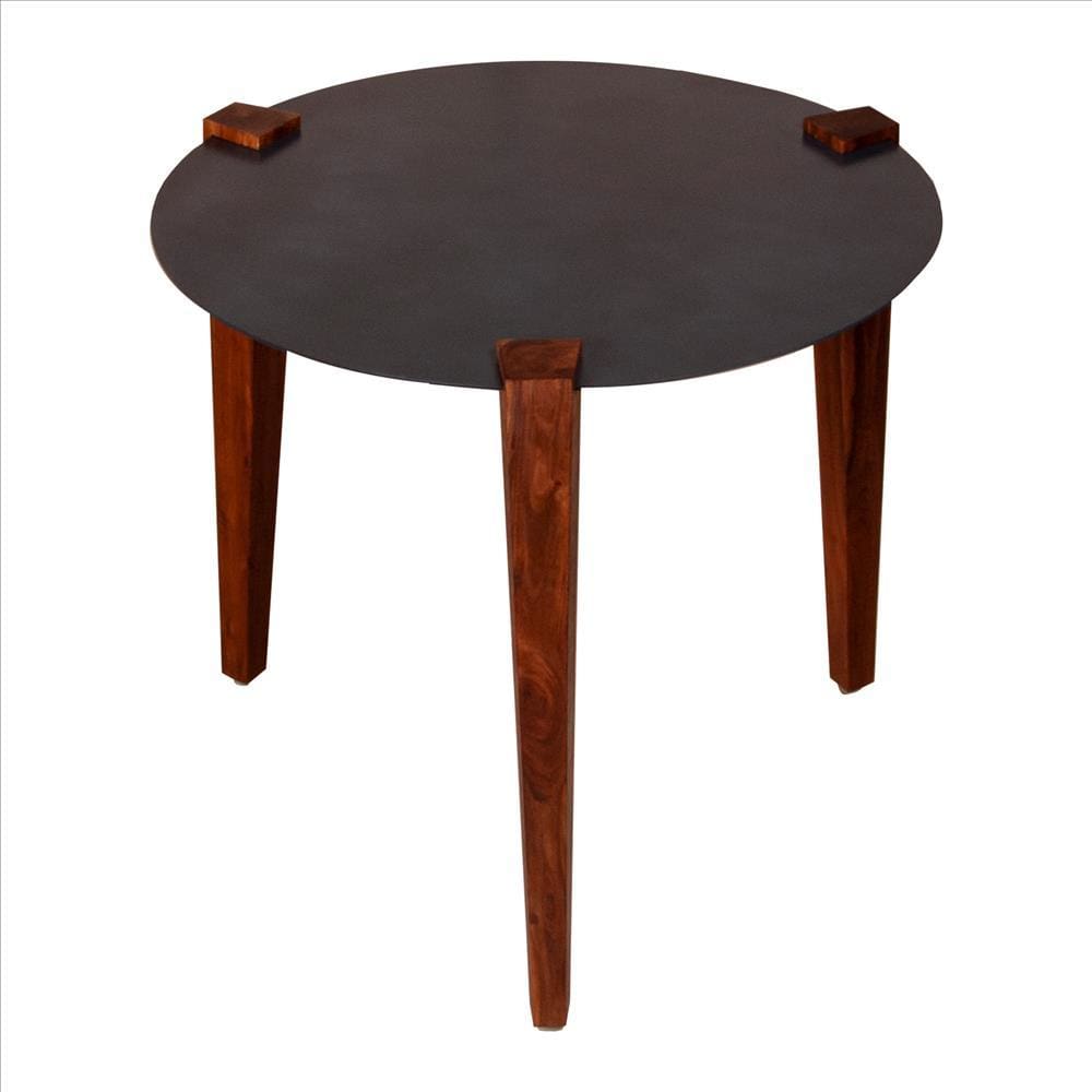 20 Inches Round Metal Top Side End Table with Tapered Legs Brown and Black By The Urban Port UPT-238065
