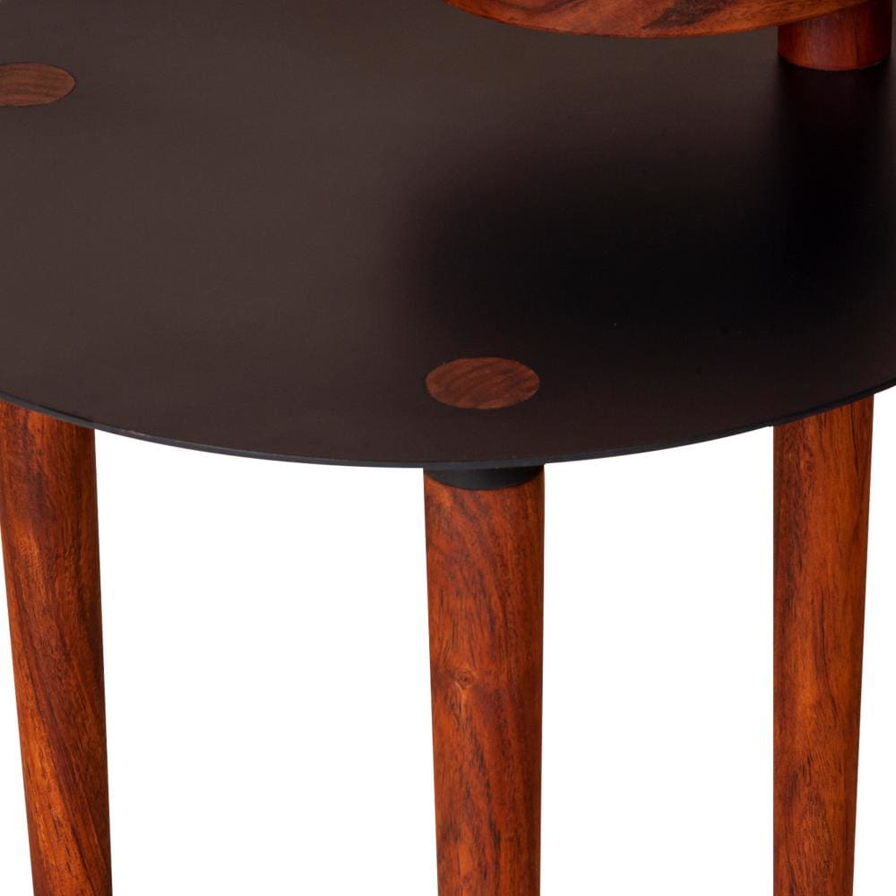 25.6 Inch Round Side Table with Rotatable Tray and Metal Top Brown and Black By The Urban Port UPT-238066