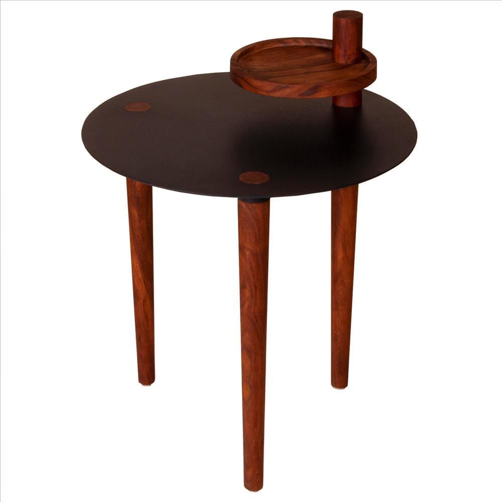 Round Metal Top Side Table with Rotatable Tray and Tripod Legs, Brown and Black By The Urban Port