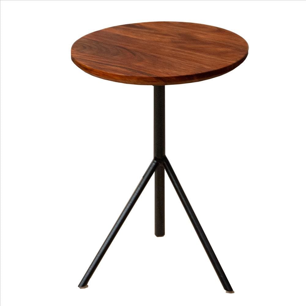 Round Solid Wood Industrial End Table with Sleek Metal Legs, Brown and Black By The Urban Port