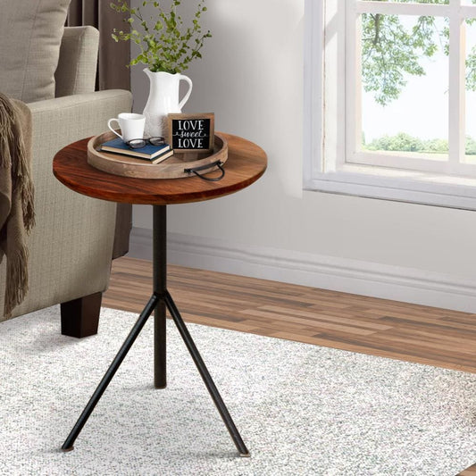 19 Inch Handcrafted Round Acacia Wood End Side Table, Sleek Tripod Metal Base, Walnut Brown, Black By The Urban Port
