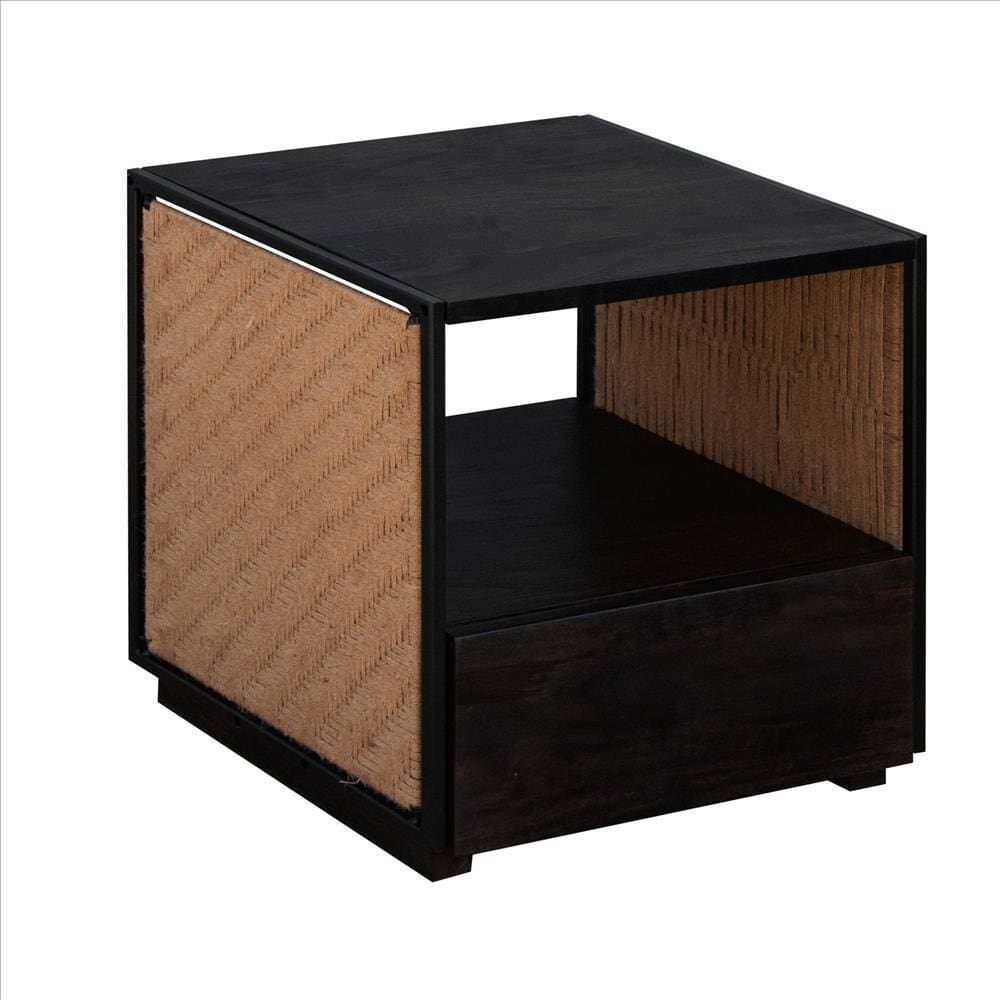 Single Drawer Solid Wood Nightstand with Open Storage and Jute Woven Side Panels, Black By The Urban Port