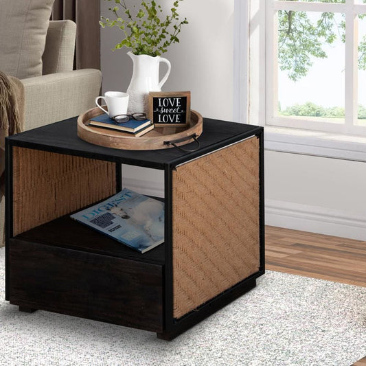 21 Inch Handcrafted Acacia Wood Side Table Nightstand, Woven Jute Side Panels, Brown, Black By The Urban Port