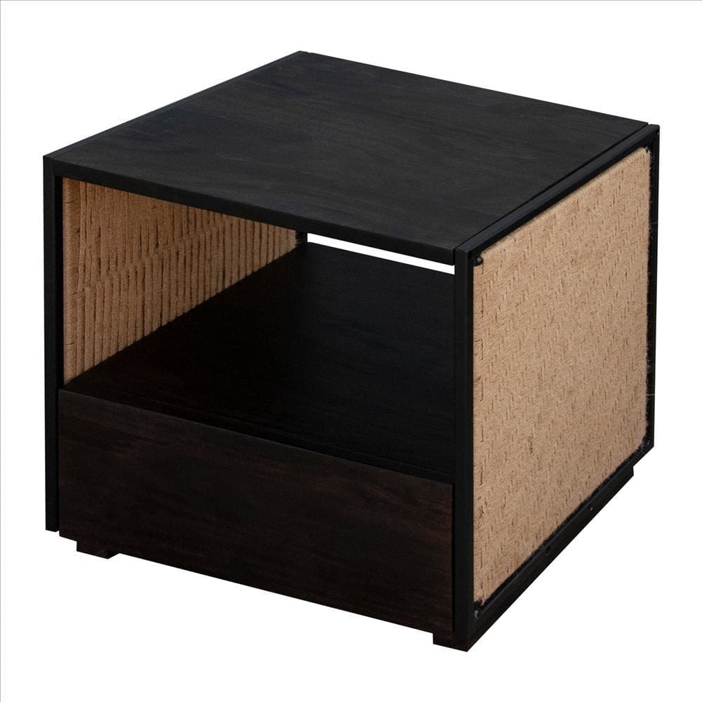 Single Drawer Solid Wood Nightstand with Open Storage and Jute Woven Side Panels Black By The Urban Port UPT-238069
