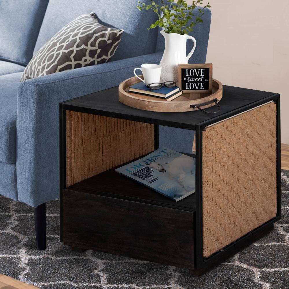 Single Drawer Solid Wood Nightstand with Open Storage and Jute Woven Side Panels, Black By The Urban Port