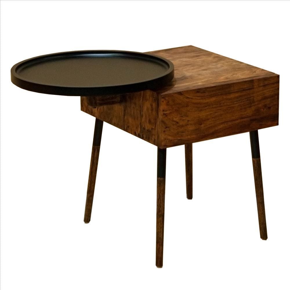 Single Drawer Industrial End Table with Conjoined Round Metal Tray, Brown and Black By The Urban Port