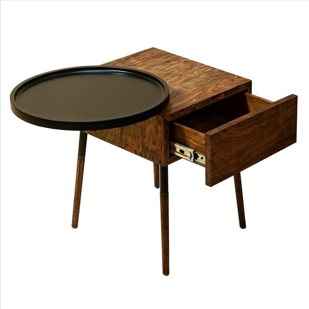 Single Drawer Industrial End Table with Conjoined Round Metal Tray Brown and Black By The Urban Port UPT-238071