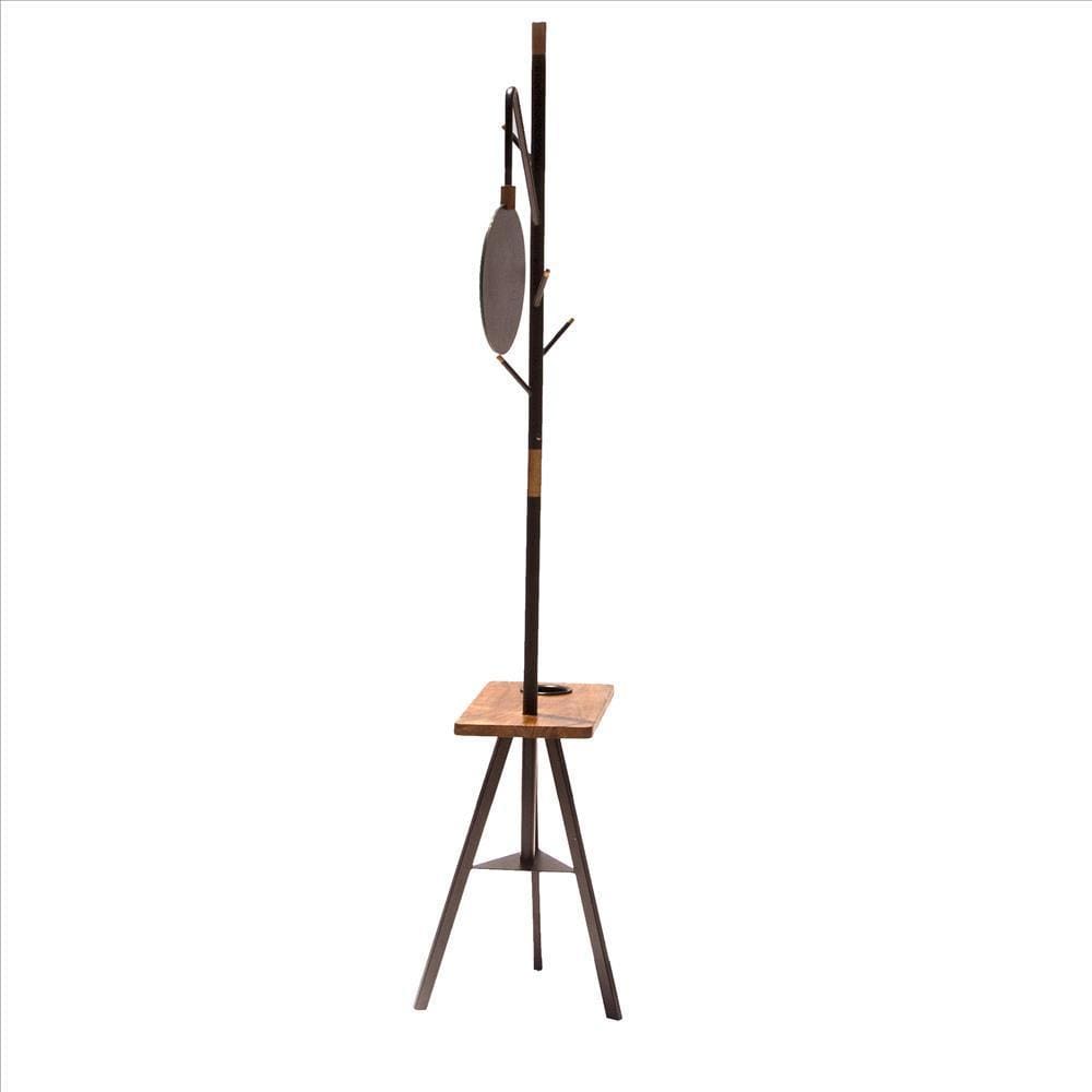Standing Metal Coat Rack with Conjoined Mirror and Wooden Desk Brown and Black By The Urban Port UPT-238072