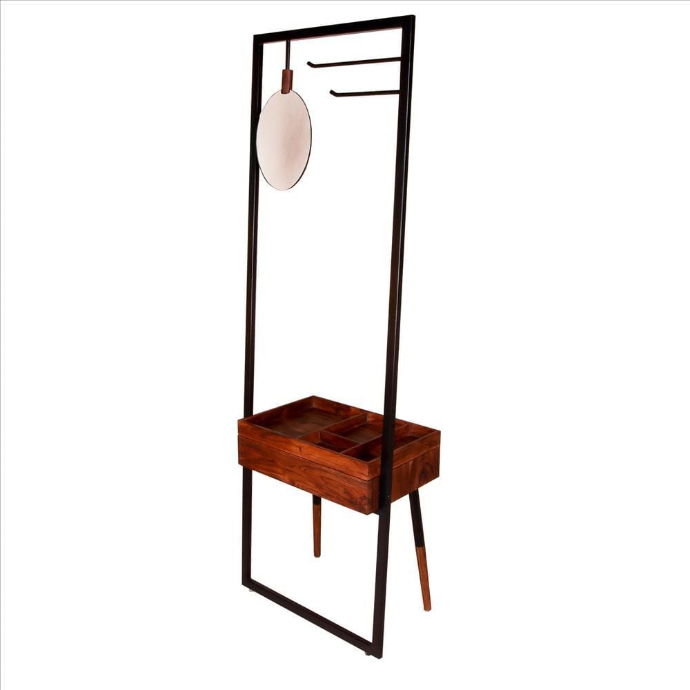 Standing Metal Coat Rack with Conjoined Mirror and 1 Drawer Desk, Brown and Black By The Urban Port