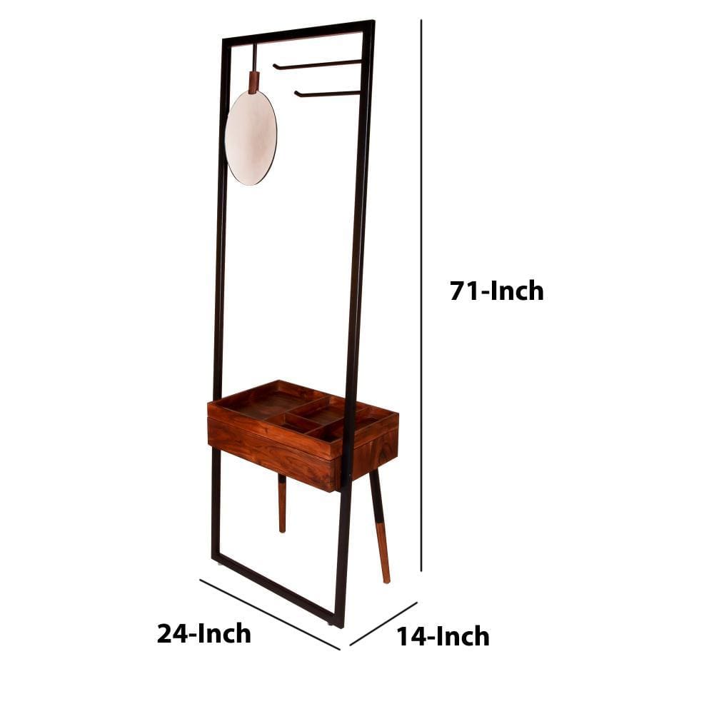 Standing Metal Coat Rack with Conjoined Mirror and 1 Drawer Desk Brown and Black By The Urban Port UPT-238073