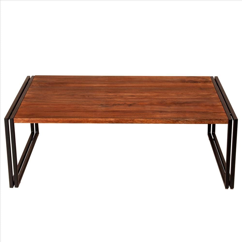48 Inches Wooden Top Industrial Coffee Table with Metal Sled Base Brown and Black By The Urban Port UPT-238074