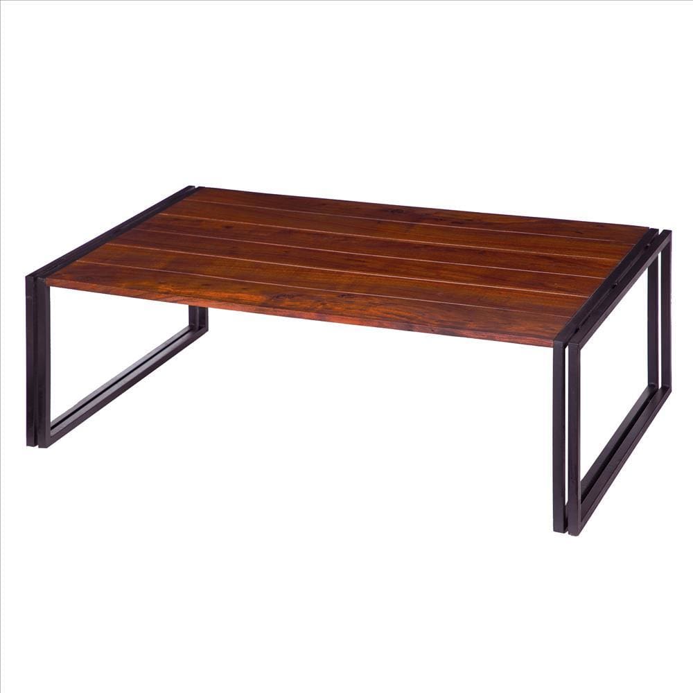 48 Inches Wooden Top Industrial Coffee Table with Metal Sled Base, Brown and Black By The Urban Port