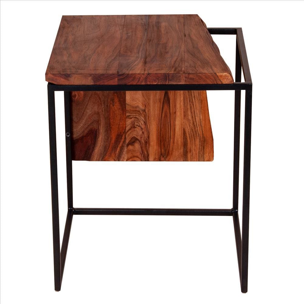 21 Inches Salvaged Design Solid Wood Industrial End Table with Metal Base, Brown and Black By The Urban Port