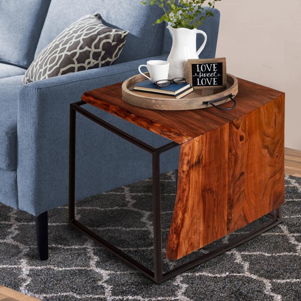 21 Inch Solid Acacia Wood Accent End Side Table, Live Edge, Metal Frame, Brown, Black By The Urban Port